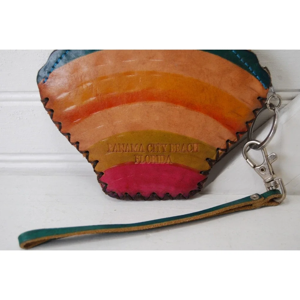 Vintage leather Coin Purse‎ Sea Shell Panama City Beach Florida Money Holder